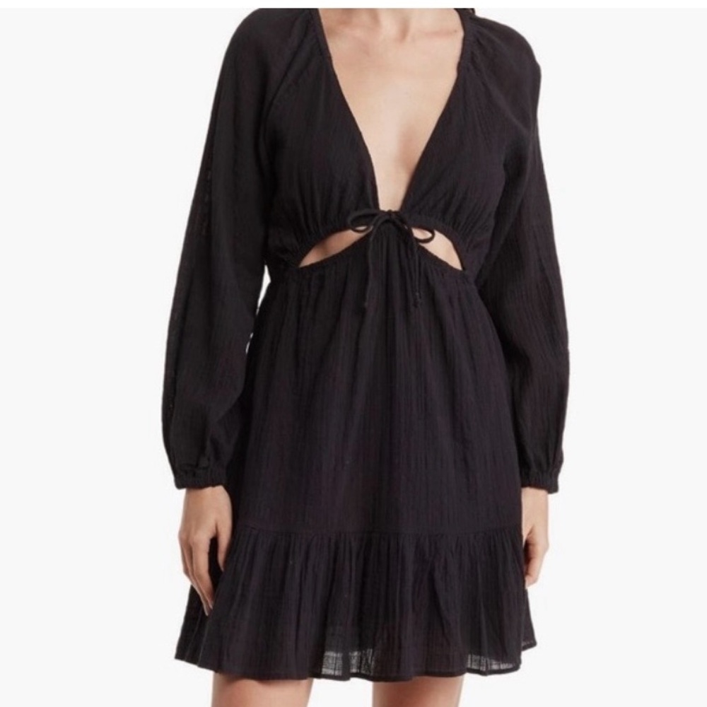 l*space Black Long-Sleeve Mini Dress with Tie-Front Cutout